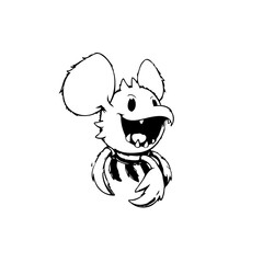 Cartoon birdlike creature with large ears and a joyful expression in black and white art