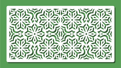Floral geometric pattern stencil. Rectangular horizontal panel, lace lattice, screen, railing with abstract flowers. Template for plotter laser cutting of paper, wood carving, metal engraving, cnc.