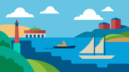 Stylized coastal landscape with lighthouse buildings and sailboats on blue water