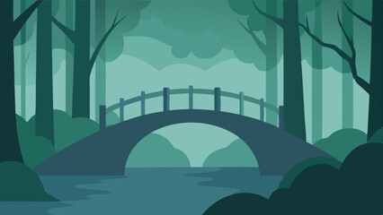 Tranquil forest scene with an arched bridge over a calm river
