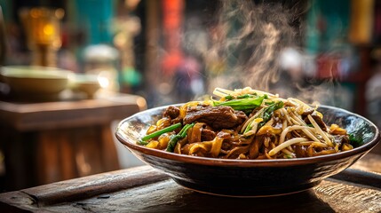 Chinese beef chow fun stir fried flat noodle bean sprout green onion served hot ceramic bowl rustic table steam visible street side Asian market style custom background angled view  