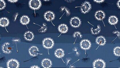White Dandelion Seeds Pattern On Dark Blue Background