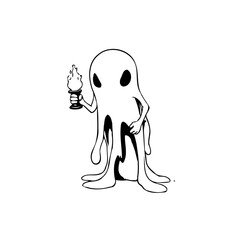 Spooky illustration of a ghost holding a torch with a flame in a minimalistic style drawing