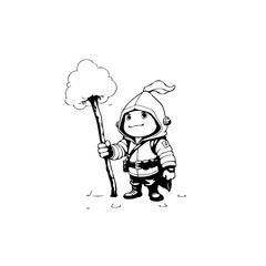 Adorable cartoon character in winter attire holding a snow-covered stick illustration perfect for children's books