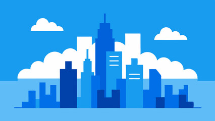 Modern flat design cityscape with blue skyscrapers and clouds