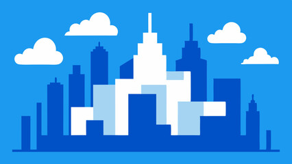 Modern minimalist city skyline with white and blue buildings and clouds