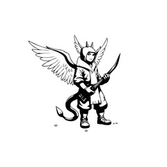 A whimsical line art depiction of a winged character holding a weapon showcasing fantasy elements