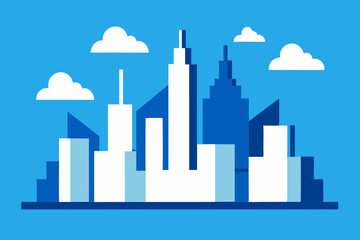 Modern city skyline with white and blue skyscrapers under a clear blue sky with clouds