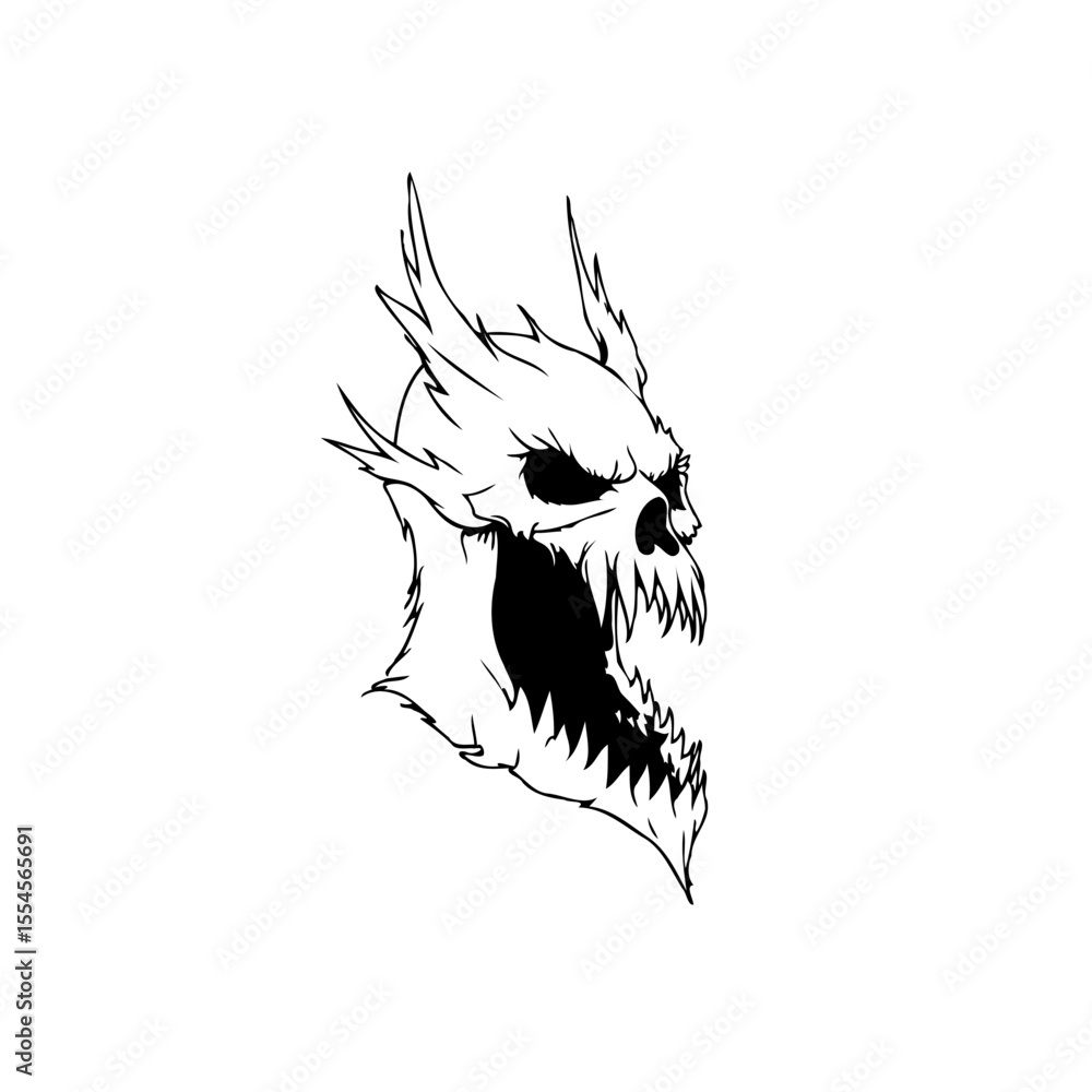 Poster intricate skull artwork with aggressive features rendered in stark black and white with sharp detail
