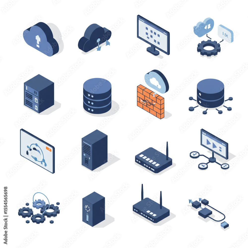 Aufkleber isometric illustrations of various network and data storage components, including servers, databases
