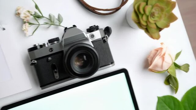Elegant workplace flat lay featuring blank tablet, vintage camera, flowers, notebook on a clean white surface.