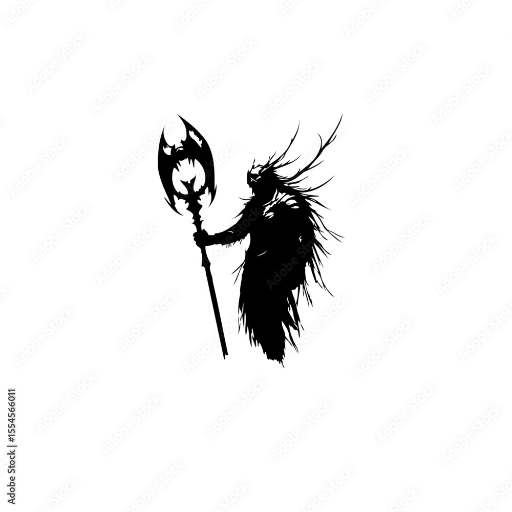 Poster mystical forest guardian silhouette wielding an ornate axe in the ethereal monochrome setting creati