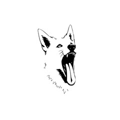 Elegant and fierce depiction of a dog's head with an open mouth and sharp teeth