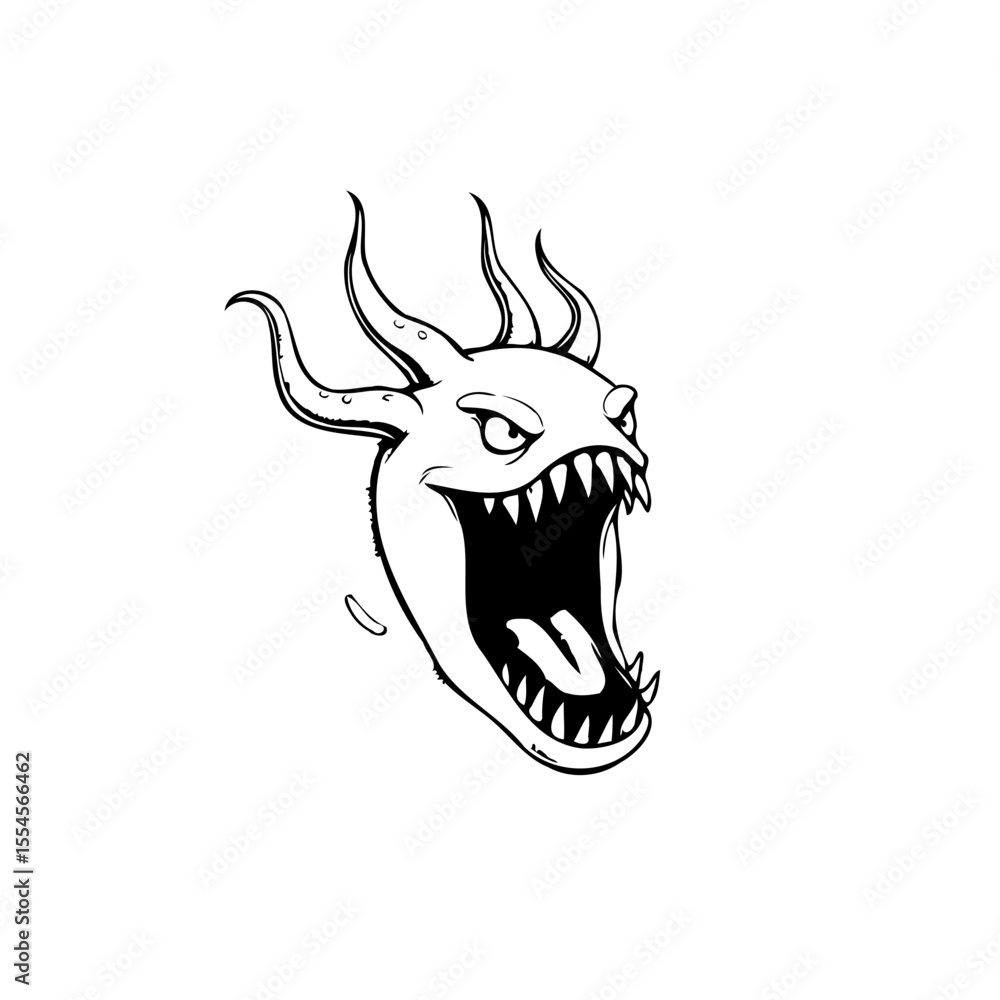 Poster a menacing cartoon monster head with tentacles and sharp teeth displaying an aggressive expression s