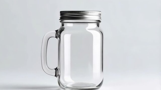 Empty clear glass mason jar mug with a metal lid on a plain white background ready to be filled with a beverage