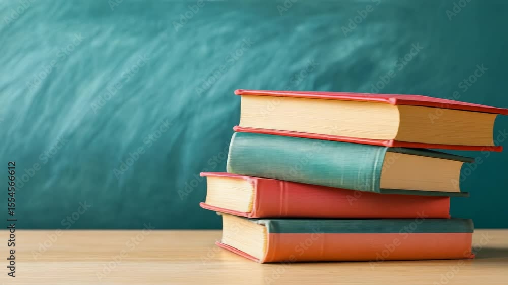Poster Stack of colorful books lying on a wooden desk in front of a blank green chalkboard symbolizing back to school and the beginning of a new academic year