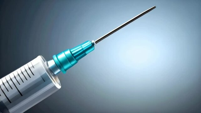 Close-up of a hypodermic syringe with a needle, displaying clear markings, on a gradient light blue medical background.