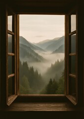 Serene mountain view through window.