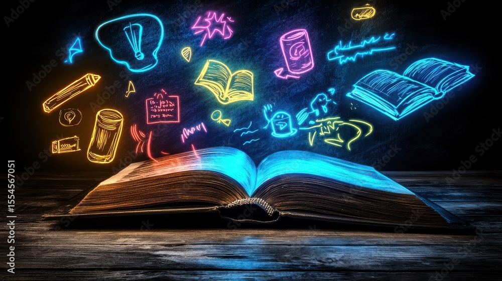 Poster an open book emitting a vibrant neon glow surrounded by various educational and learning related sym