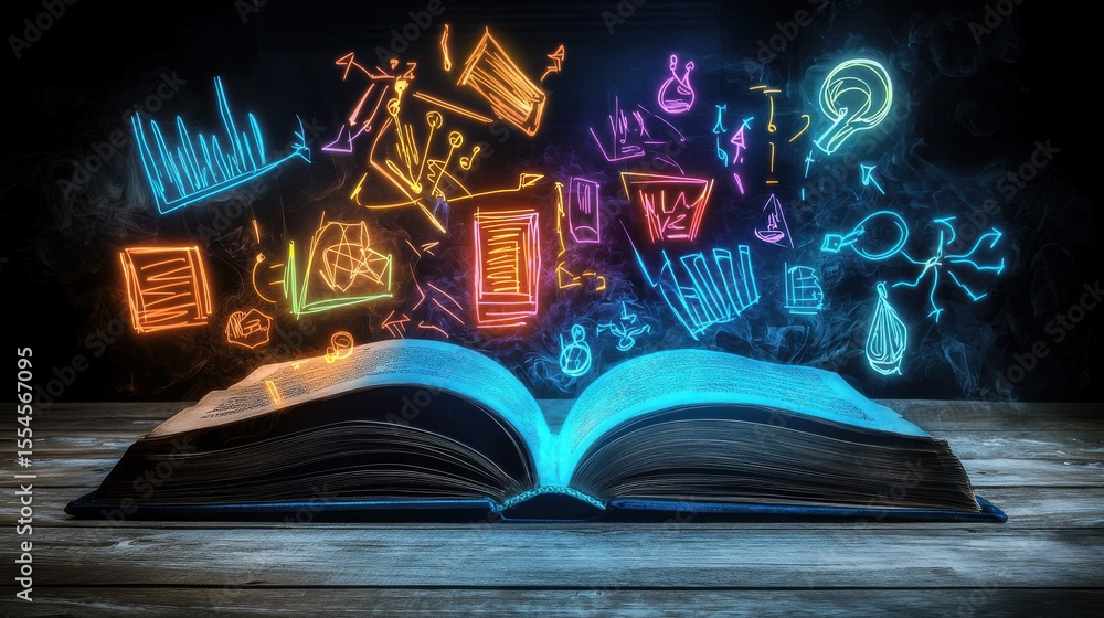 Aufkleber a magical glowing open book with various educational icons and symbols floating around it representi