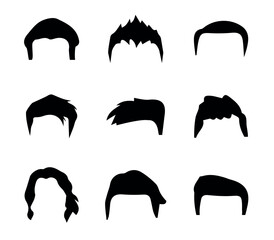 set of black silhouettes of hair. Set of men hairstyles. Collection of black silhouettes of hairstyles