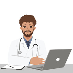 Doctor in a coat with a stethoscope around his neck is sitting at a desk, working on a laptop. Flat Vector character illustration