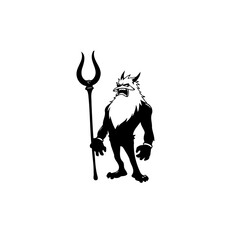 Fearsome devilish character with staff illustration in black and white ready to attack opponent with anger emotion