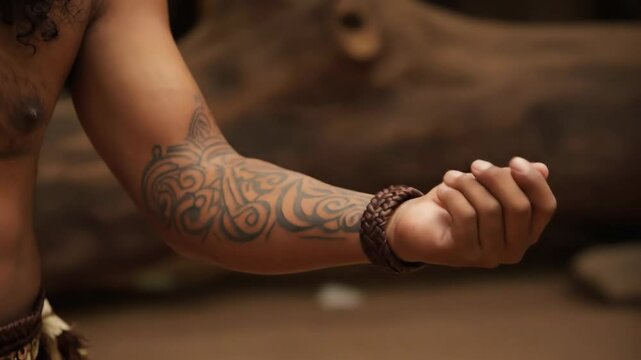 Close up on mans hand and muscular arm, revealing an intricate cultural tribal tattoo, gesture of peace.