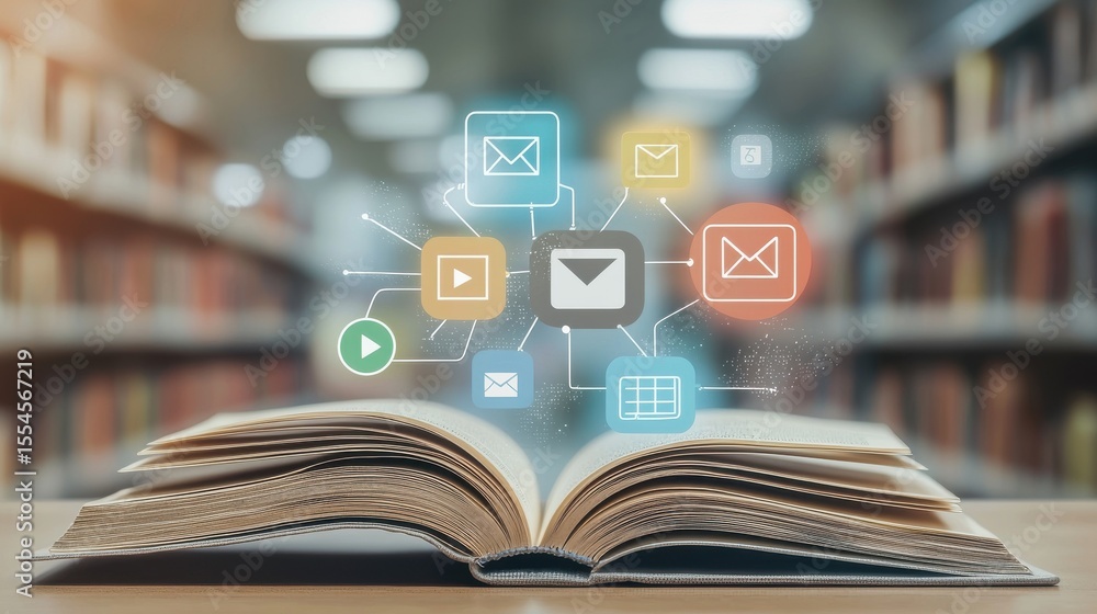 Poster an open book surrounded by digital icons symbolizing the of traditional learning resources with mode