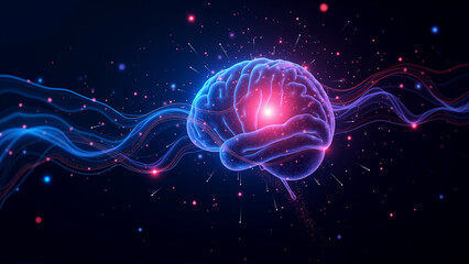 Abstract brain visualization, vibrant colors swirling in cosmic energy pattern, highlights creativity and intellect, suitable for tech themes.