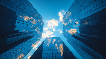 Glass skyscrapers in financial district city skyline, perfect for corporate and finance content
