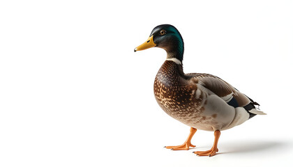 A side view of a duck with a green head and brown body, standing on a flat surface, 4K and HD image
