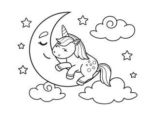 Coloring page of a cute unicorn sleeping on the moon. Coloring page for kids cute unicorn running in the sky