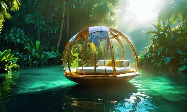 A floating bed with a glass enclosure floating in a serene, green, tropical environment. The bed has a yellow pillow and is positioned in calm, green waters surrounded by lush foliage.