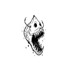 Creepy anglerfish illustration with sharp teeth and glowing lure in black and white aesthetic ink drawing