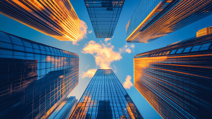 Reflective office towers in financial district skyline, ideal for business and urban themes