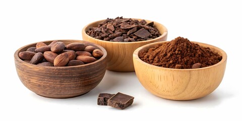 Three wooden bowls filled with cocoa beans powder and nibs isolated on white background