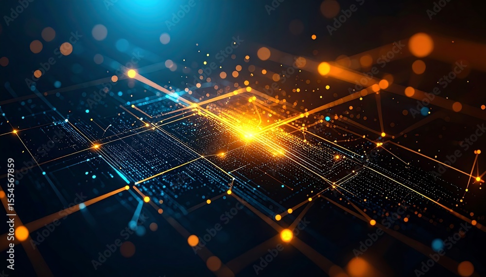 Poster futuristic tech glowing circuit board with data flow with digital network background.