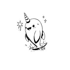 Charming narwhal character in black and white with playful expression creates a whimsical feeling and joyous theme © Arum