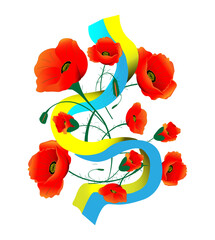 Red flowers - poppies on a background of a yellow-blue ribbon. Vector illustration
