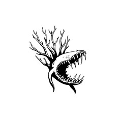 Monstrous creature illustration featuring sharp teeth and tree branches for an edgy design in black and white