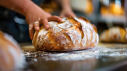 Hands gently pressing a freshly baked loaf of bread dusted with flour on a dark surface table