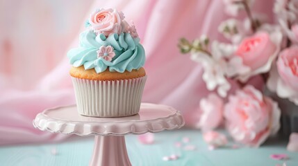 A cupcake with blue frosting and pink flowers on a pink stand with pink flowers background scene