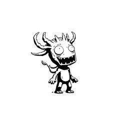 Illustrative cartoon demon character design in black and white with funny expression and horns for halloween