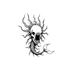 Surreal fusion of skull and fish skeleton, a captivating macabre artwork with intricate details