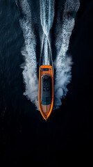 Aerial view of an orange boat with a black background and white smoke from the back, driving on dark water. Minimalist style, clean background, product photography, high resolution, professional color
