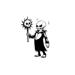 Creepy skeleton cartoon character holding a spooky staff with a skull and sun symbol vector