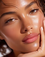 Close-up portrait showcases a glowing face and clear skin, emphasizing beauty and radiant makeup on a young woman.