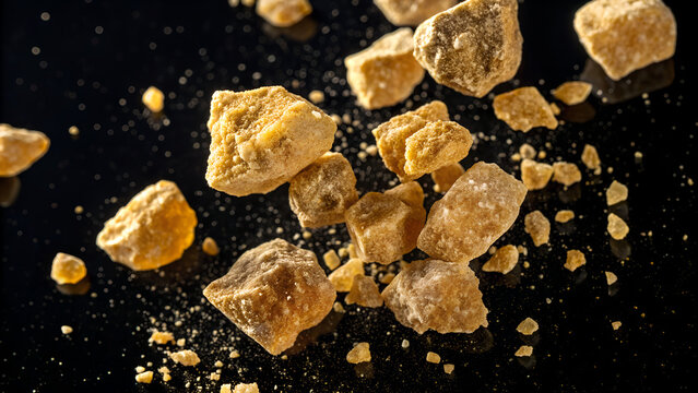 Lumps of jaggery falling against a dark background create a visually appealing arrangement with a focus on natural sweetness