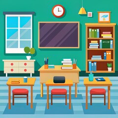 School Classroom Interior with Desks, Blackboard, and Bookshelves - Learning Environment